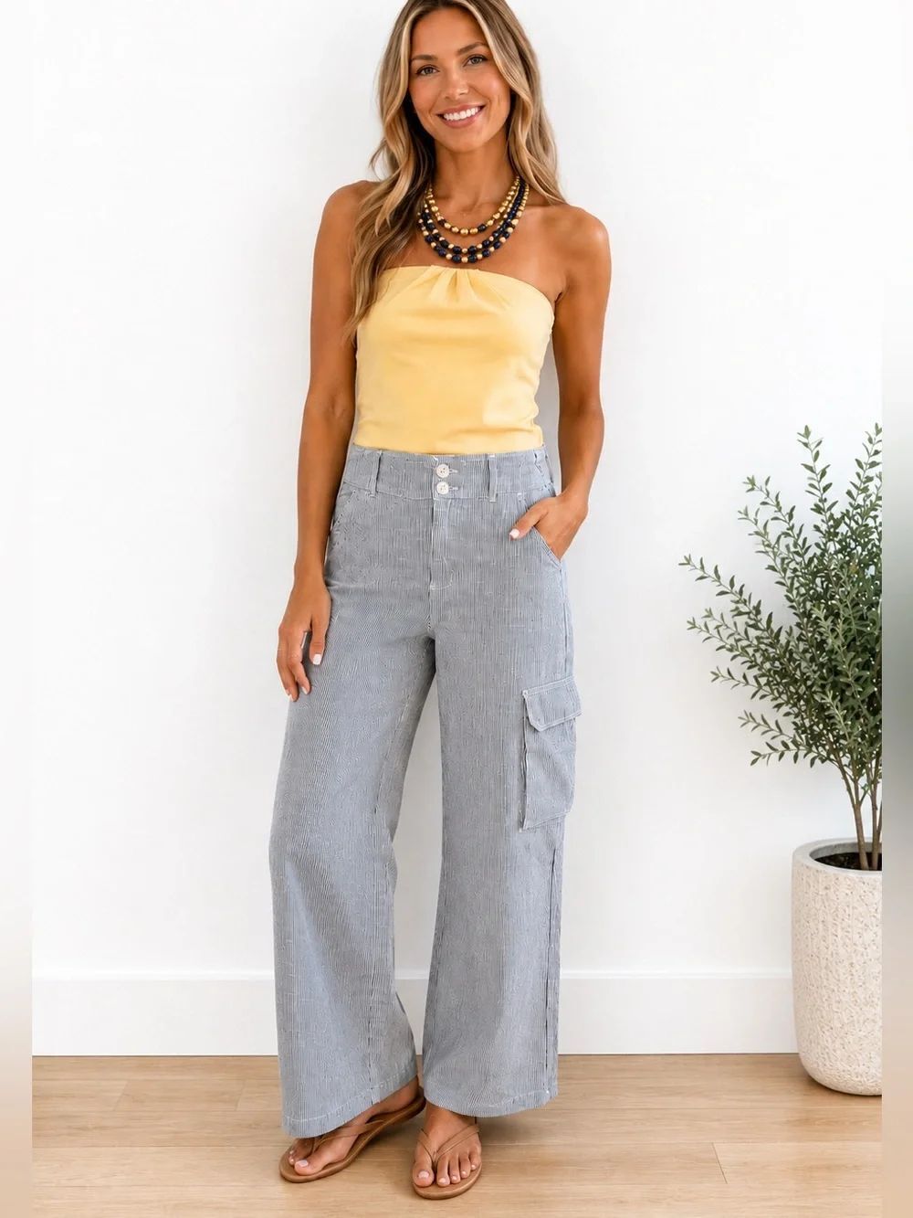 Olivaceous 100% Linen Striped Wide Leg Cargo Pants – Size Medium